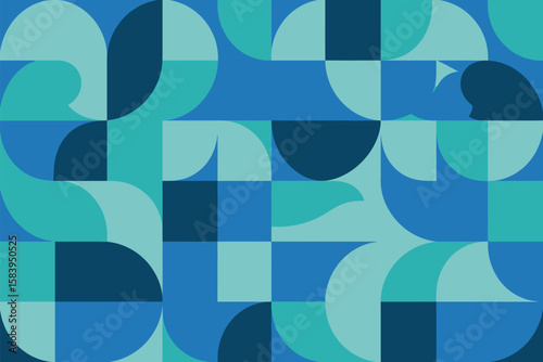Modern geometric shapes in cool blue hues form an eye-catching backdrop, perfect for adding a stylish and contemporary touch.