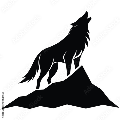  a wild wolf howling on a mountain peak, abstract black vector illustration isolated on white background 