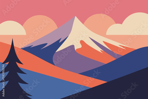 Captivating mountain scenery features colorful layers, a majestic peak, and a solitary tree under a pastel sky at dusk.
