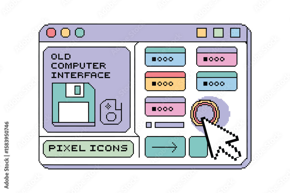 Pixelated vintage desktop interface with cursor pointing to an ...