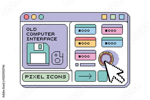 Pixelated vintage desktop interface with cursor pointing to an application button for a nostalgic computer look.