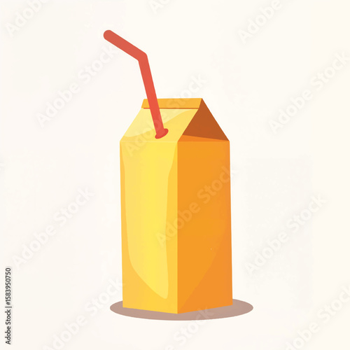 Orange juice carton with red straw on plain background  