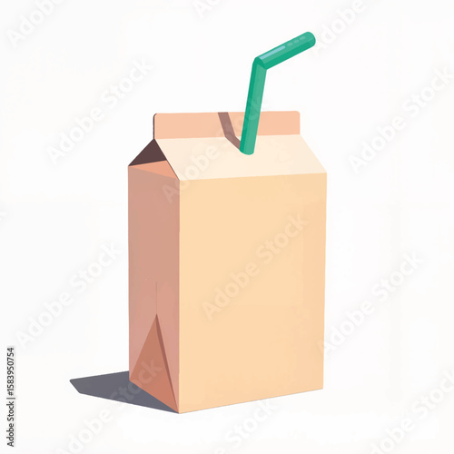 Juice carton with green straw on white background  