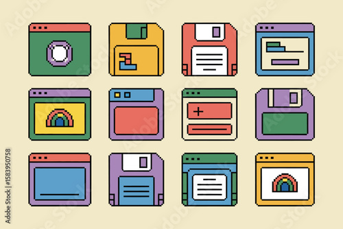 Pixelated icons of floppy disks and browser windows create a nostalgic, retro graphic for web, design, and technology projects.