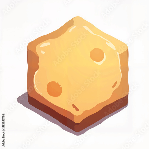 Hexagonal piece of cheese with texture and shadow on white background  