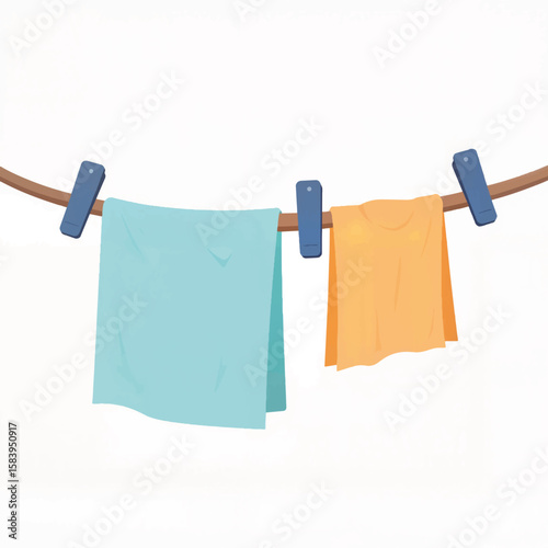 Two colorful towels hanging on a clothesline with clothespins  