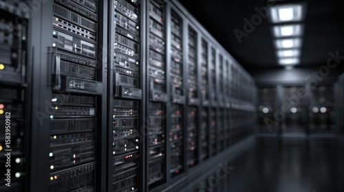Dark gray server racks in modern data center technology background
