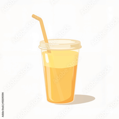 Fresh orange juice in clear cup with straw on a white background  