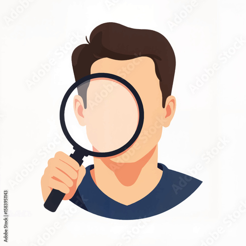 Person holding magnifying glass looking at the viewer in illustration  