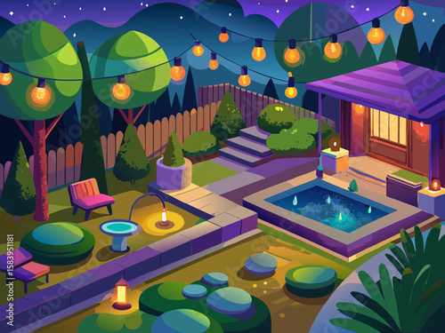 vector of Modern backyard LED lighting systems with green space and peaceful environment