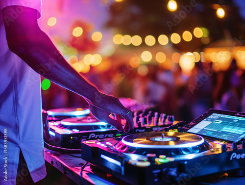dj mixing tracks at outdoor summer party, colorful lights, people dancing