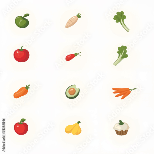 Colorful vegetables and fruits arranged in a grid design  
