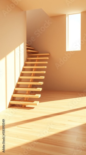 Modern Minimalist Staircase with Dramatic Sunlit Shadows..
