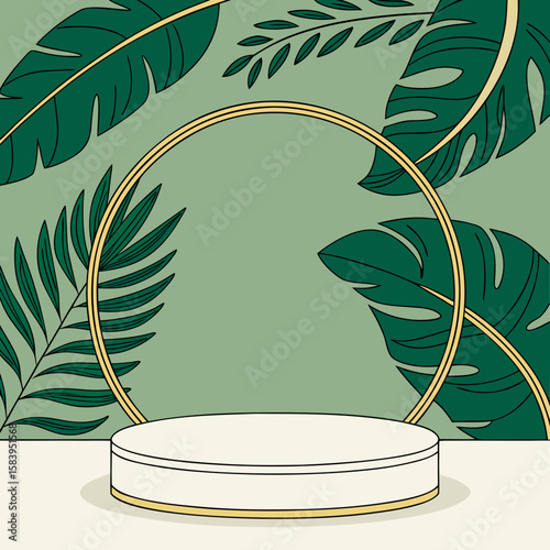 White product podium with green tropical palm leaves and golden round arch on green wall