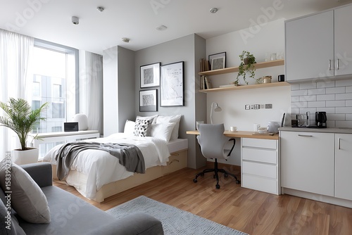 A modern and minimalist studio apartment featuring a cozy bed, a functional desk area, and a compact kitchen space.