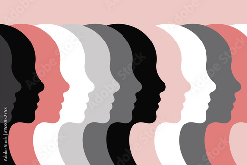 Diverse silhouettes depict inclusivity, representing unity and equality across races and genders in a modern and abstract visual.