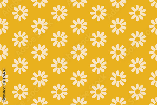 Seamless floral pattern featuring bright white daisies on a golden mustard background, perfect for textile design and backgrounds.