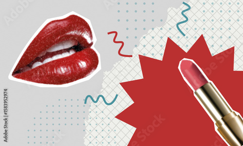Vector collage with glossy red lips and pink lipstick on abstract background, modern pop art aesthetic for beauty and fashion designs