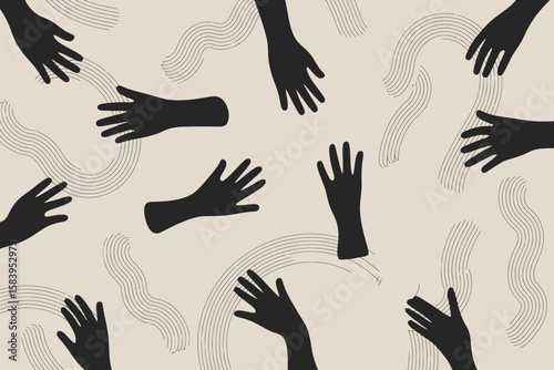 Graphic patterned background features elegant black hand silhouettes and dotted curve shapes, creating a modern design.