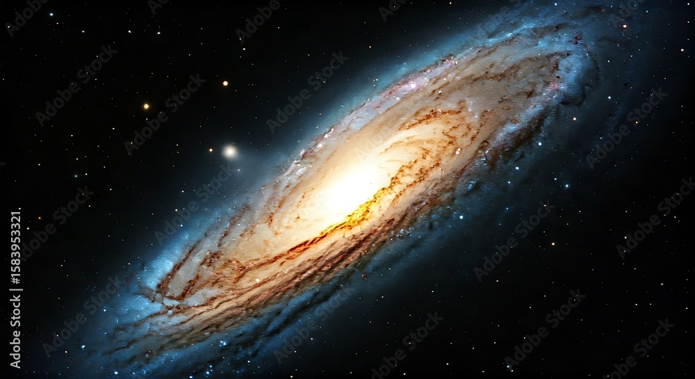 Fototapeta premium Stunning spiral galaxy with vibrant golden hues against a dark, star-filled space background