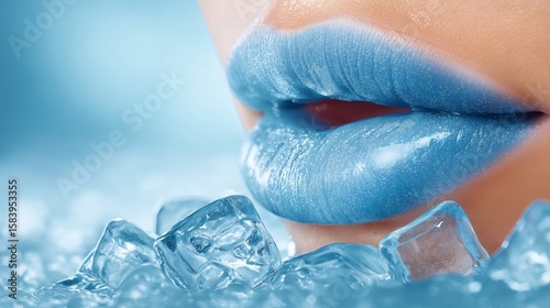 Close-up of shimmering frosted blue lips surrounded by clear ice cubes, creating a surreal frozen winter-inspired visual concept, Generative AI