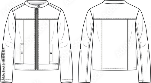 Unisex Biker Jacket. Technical fashion flat sketch. Front and back, white colour. Women's CAD mock-up