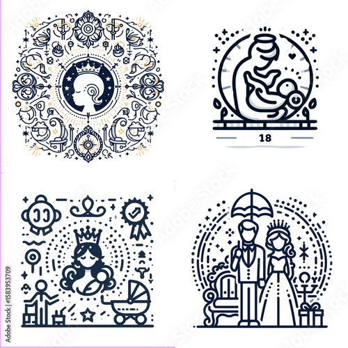 Decorative line art illustrations of parenting and celebration themes  
