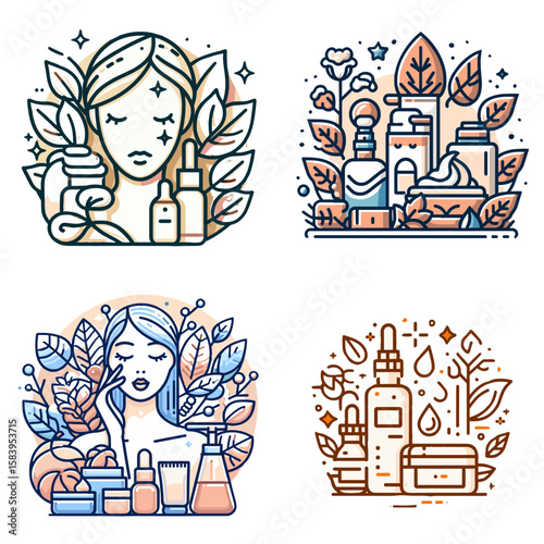 Beauty products and skincare icons in minimalist line art style  