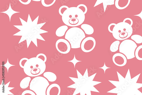 Gentle teddy bear and star pattern on a rose background, ideal for nursery decor or playful textiles and gift wrapping.