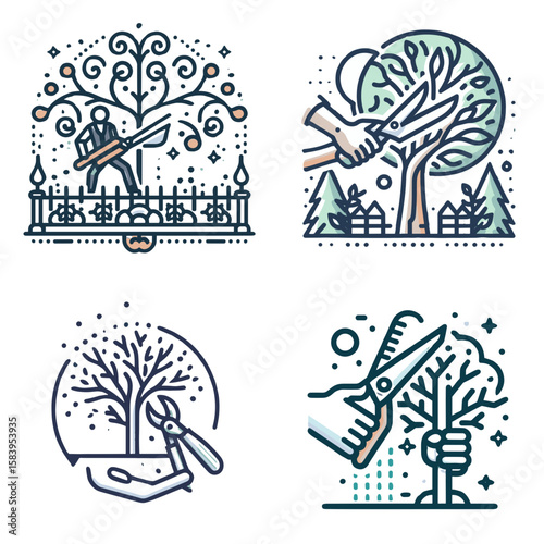 Tree pruning illustrations in modern flat design style  
