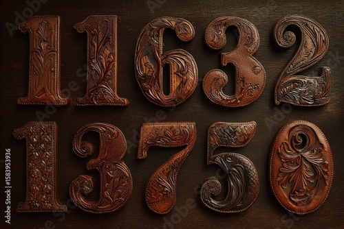 Ornate wooden numbers on dark background
