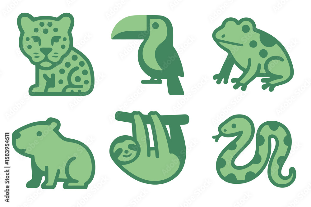 Fototapeta premium Amazon rainforest animals in light and dark green shades: jaguar, toucan, dart frog, capybara, sloth, anaconda. Flat cartoon style transparent.