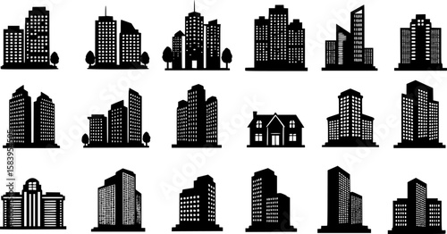 Building silhouette clipart bundle design, Building icon vector Illustration, Apartment illustration, architecture logo. Building vector illustration.