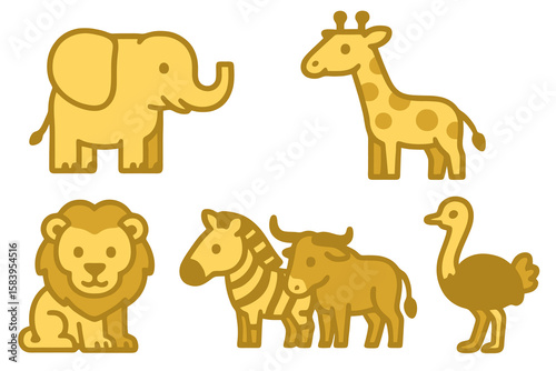 African savanna animals in light and dark yellow shades: elephant, giraffe, lion, zebra, wildebeest, ostrich. Flat cartoon style transparent.