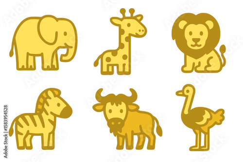simple African wildlife set with elephant, giraffe, lion, zebra, wildebeest, ostrich in yellow tones on transparent background.