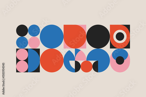 Geometric arrangement features retro inspired circles and squares, a modern abstract concept with a colorful and simple design.