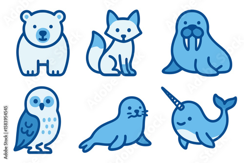 Arctic animals in light and dark blue shades: polar bear, fox, walrus, owl, seal, narwhal. Flat cartoon style transparent.