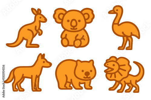 Australian outback animals in light and dark orange shades: kangaroo, koala, emu, dingo, wombat, frilled lizard. Flat cartoon style transparent.