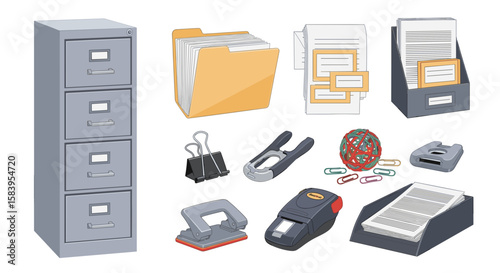 Illustration of a filing cabinet, folders, paper, and various office supplies on a white background on transparent background