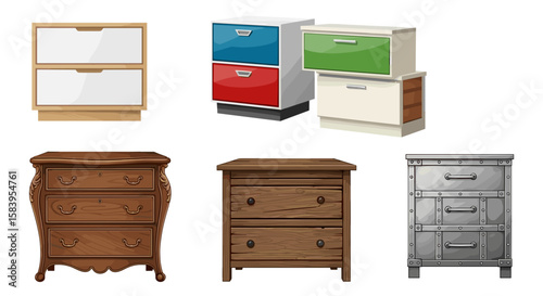 Illustration showcasing a variety of drawer cabinets including modern and rustic designs in different styles on transparent background