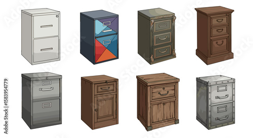 Collection of eight different filing cabinets with varying designs and color schemes displayed together on transparent background