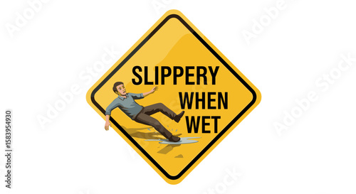 A yellow warning sign depicting a man slipping on a wet surface indicating slippery when wet condition is present on transparent background