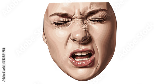 Close up of a woman's face with a disgusted expression showing wrinkled nose and open mouth with teeth visible on transparent background
