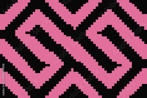 Striking pixelated design features a pink maze pattern against a stark, solid black backdrop, a unique decorative textile.
