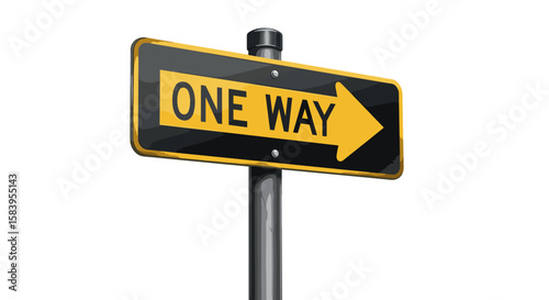 A yellow and black one way sign with a right pointing arrow on a metal pole against white background on transparent background
