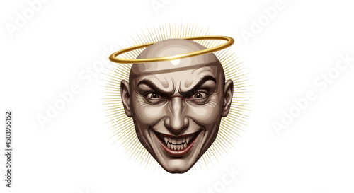 Illustration of a bald man with a sinister smile and fangs wearing a golden halo on his head looking evil on transparent background