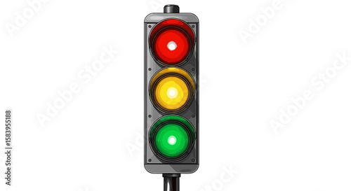 A traffic light with red yellow and green lights illuminated on a gray metal frame with a black pole base below on transparent background
