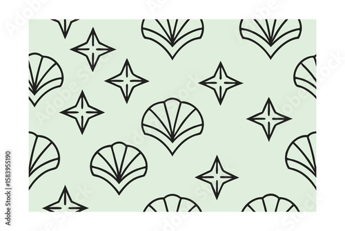 Line art pattern with stylized star fan shapes on a light green graphic seamless