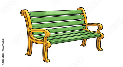 Illustration of a green and gold park bench with a classic design and visible wood grain texture detail on transparent background
