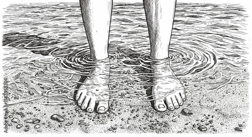 Vintage ink sketch feet under sea water on sand close-up – hand drawn black and white illustration doodle vector, engraving svg